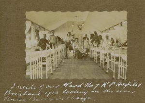 Inside the ward at Kangaroo Point Hospital, Brisbane, 1916.Alwynne Guy Elliot. John Oxley Library, State Library of Queensland.